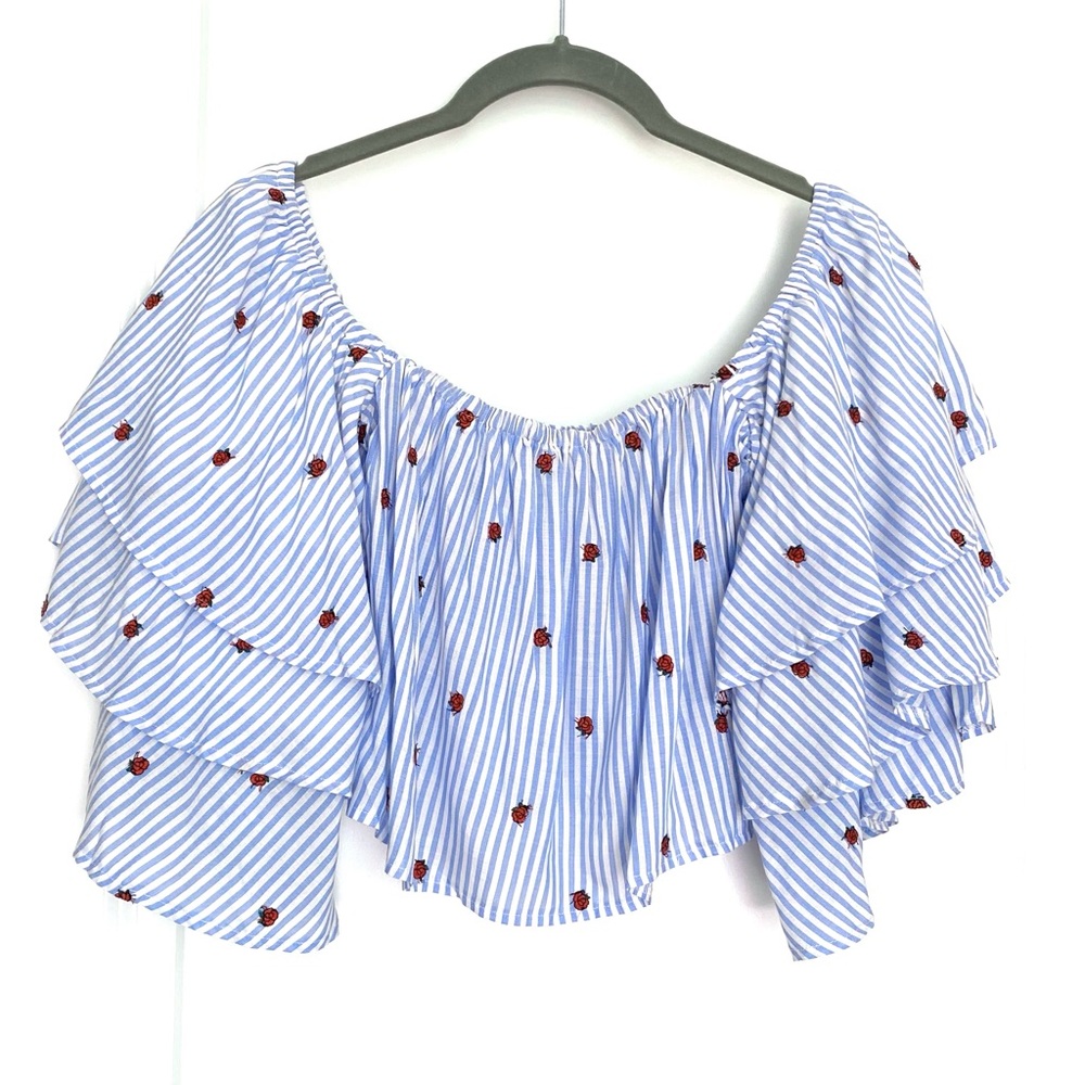 Olivaceous Crop Top BLOUSE Stripes Floral BLUE WHITE M - Picture 4 of 16